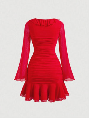 V-Neck Ruffle Long Sleeve Dress - Aadima Nepal -online shopping Nepal - Fashion -Buy Clothing Online  in Nepal