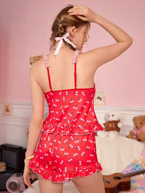 Cherry Print Women's Camisole And Shorts Pajama Set