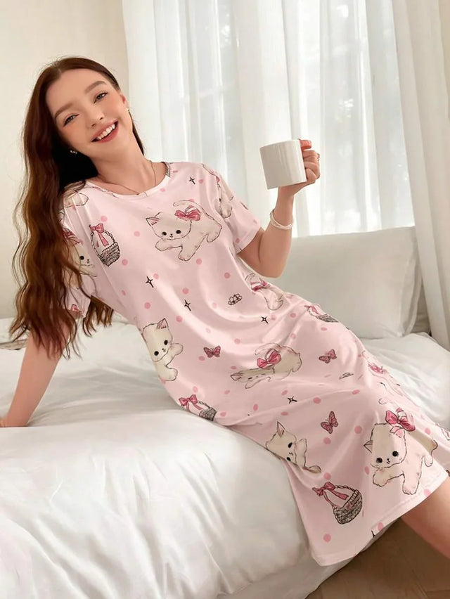 Round Neck Short Sleeve Cat Print T-Shirt Nightgown