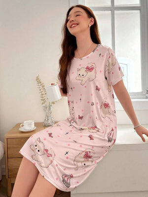Round Neck Short Sleeve Cat Print T-Shirt Nightgown