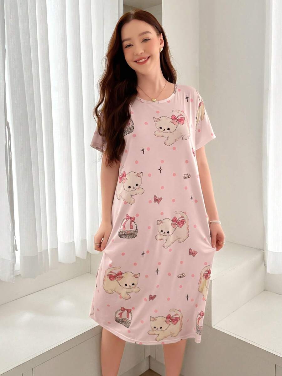 Round Neck Short Sleeve Cat Print T-Shirt Nightgown