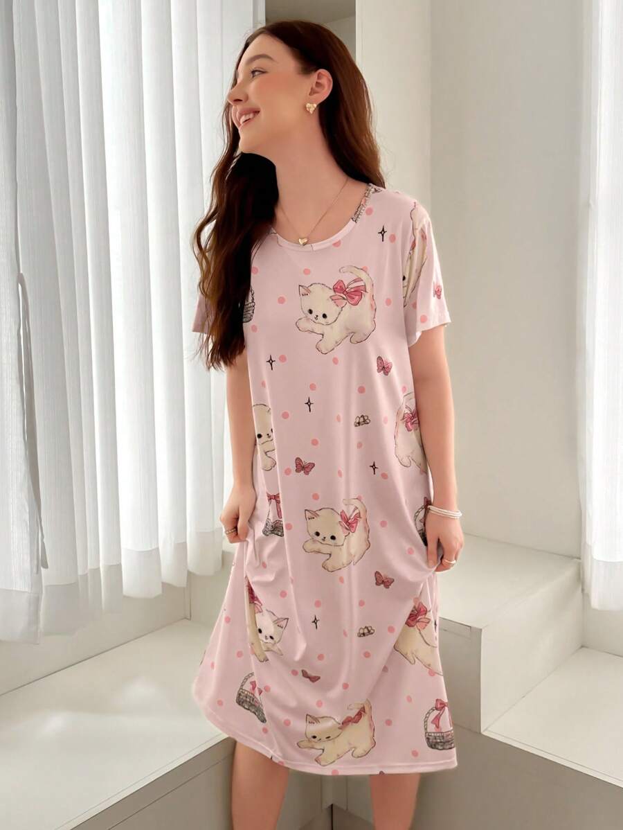 Round Neck Short Sleeve Cat Print T-Shirt Nightgown