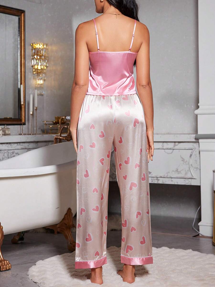 2pcs/Set Solid Color Camisole & Heart Print Satin Pajamas