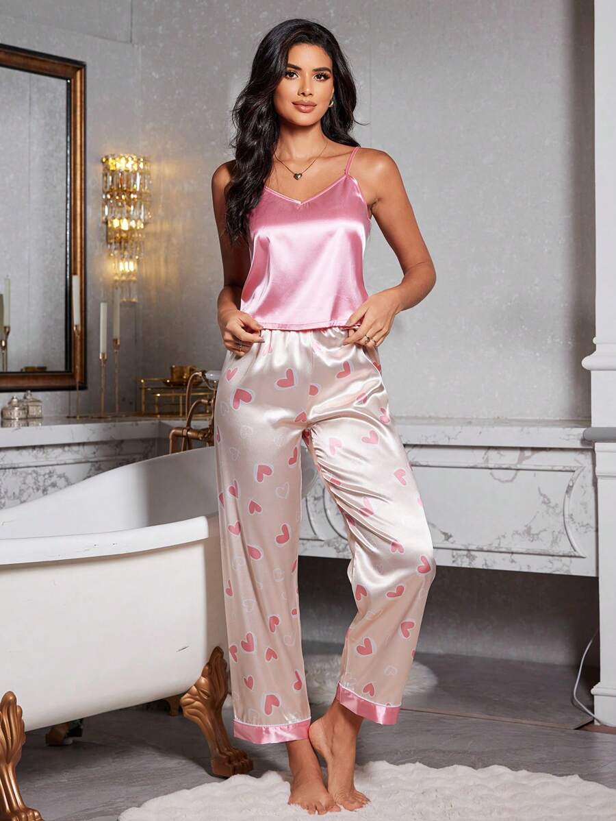 2pcs/Set Solid Color Camisole & Heart Print Satin Pajamas