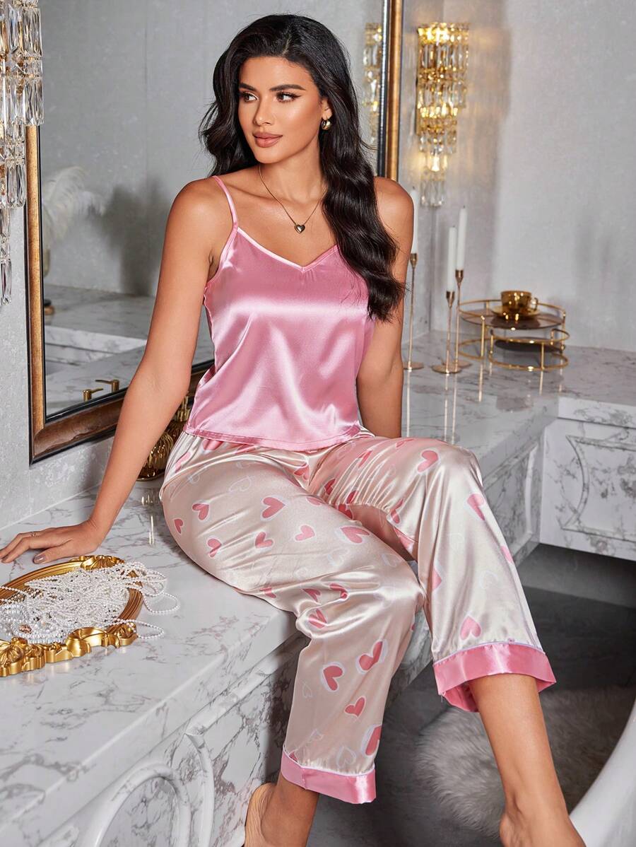 2pcs/Set Solid Color Camisole & Heart Print Satin Pajamas