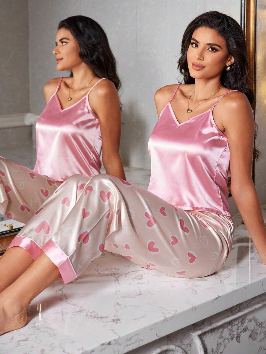 2pcs/Set Solid Color Camisole & Heart Print Satin Pajamas
