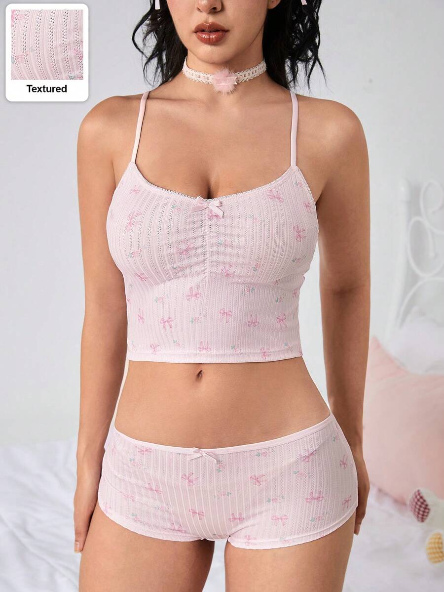 Small bow decor & floral print cami and panty set