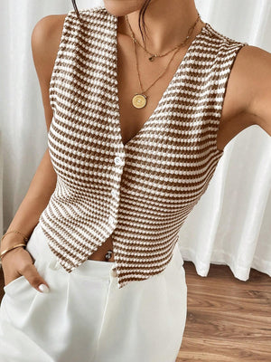 Frenchy V-Neck Striped Sleeveless Tank Top - Feature Description Details Asymmetrical, Button, Button Front Neckline V Neck Style Casual Type Tank Hem Shape Asymmetrical Color Coffee Brown Pattern Type Striped Length Regular Fit Type Slim Fit Fabric High