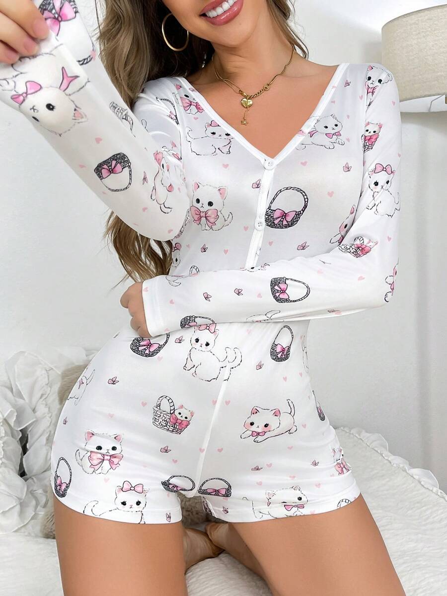 1pc Cute Cat & Bow Print Women Romper Pajamas