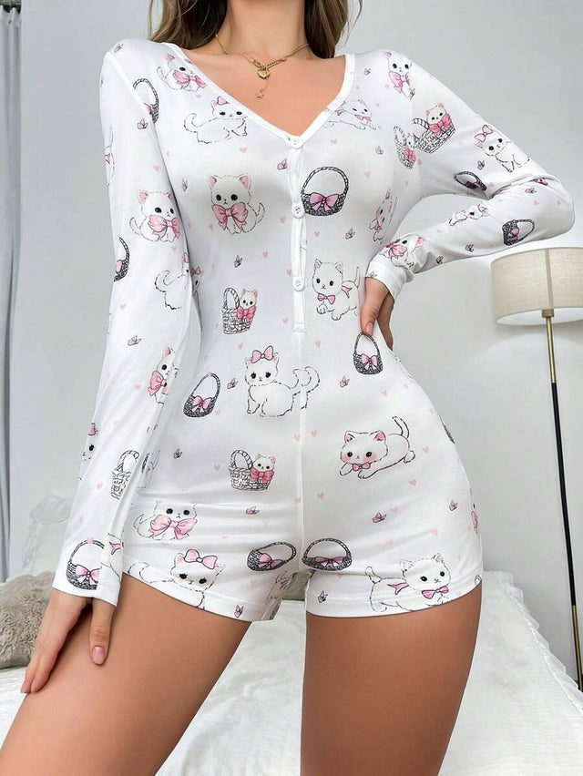 1pc Cute Cat & Bow Print Women Romper Pajamas