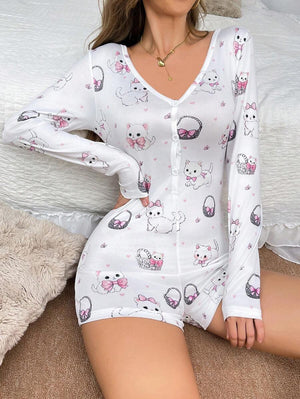 1pc Cute Cat & Bow Print Women Romper Pajamas