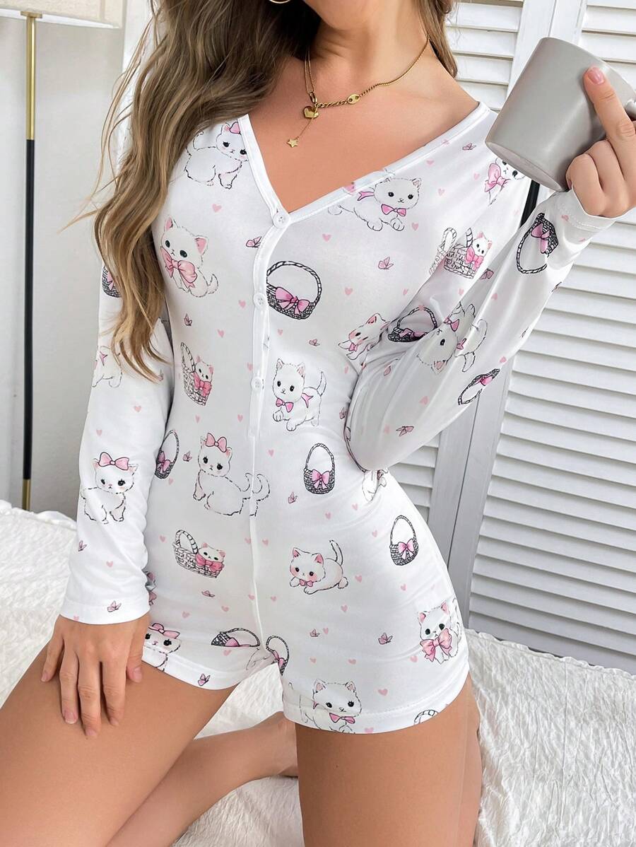 1pc Cute Cat & Bow Print Women Romper Pajamas