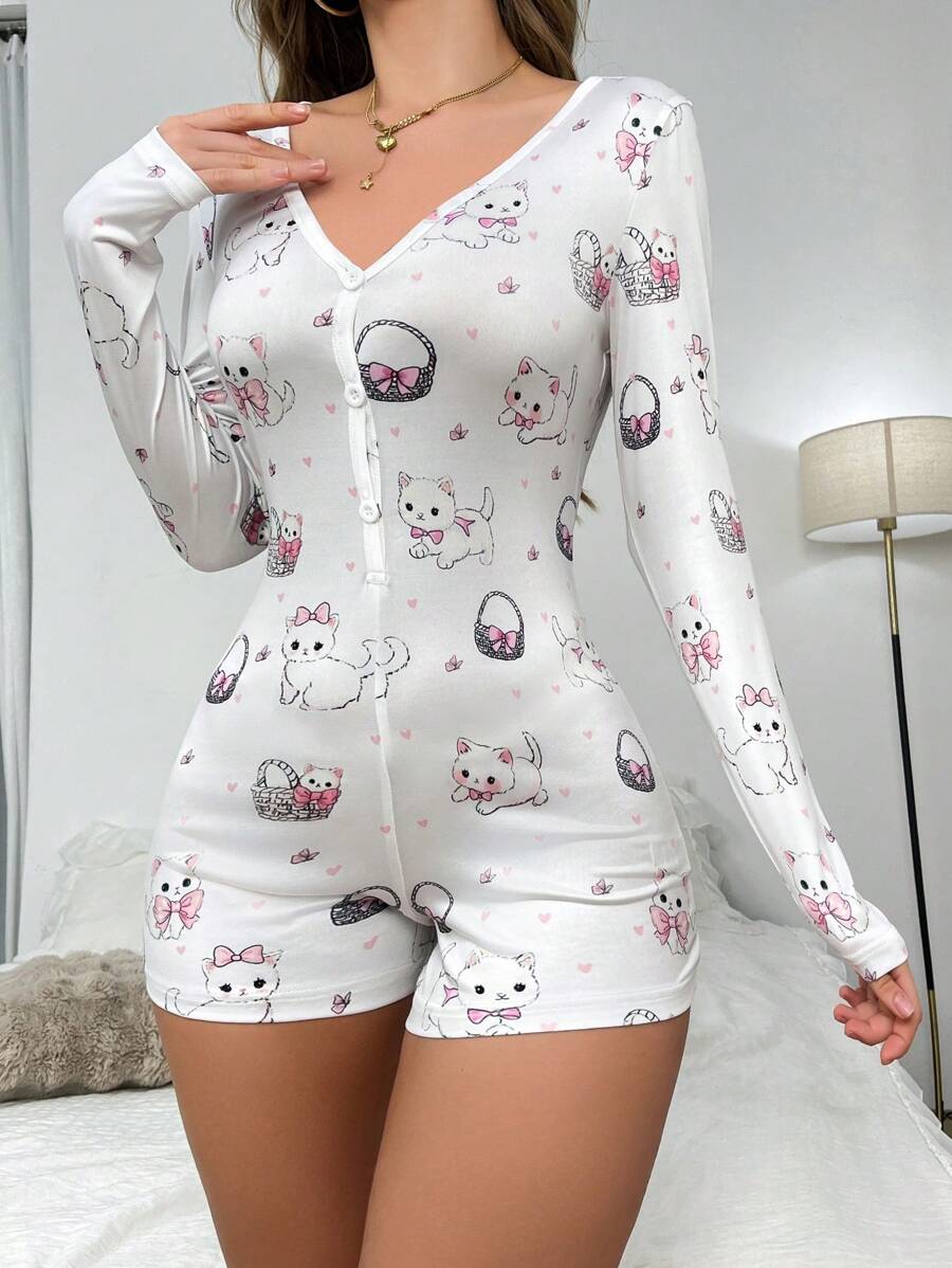 1pc Cute Cat & Bow Print Women Romper Pajamas