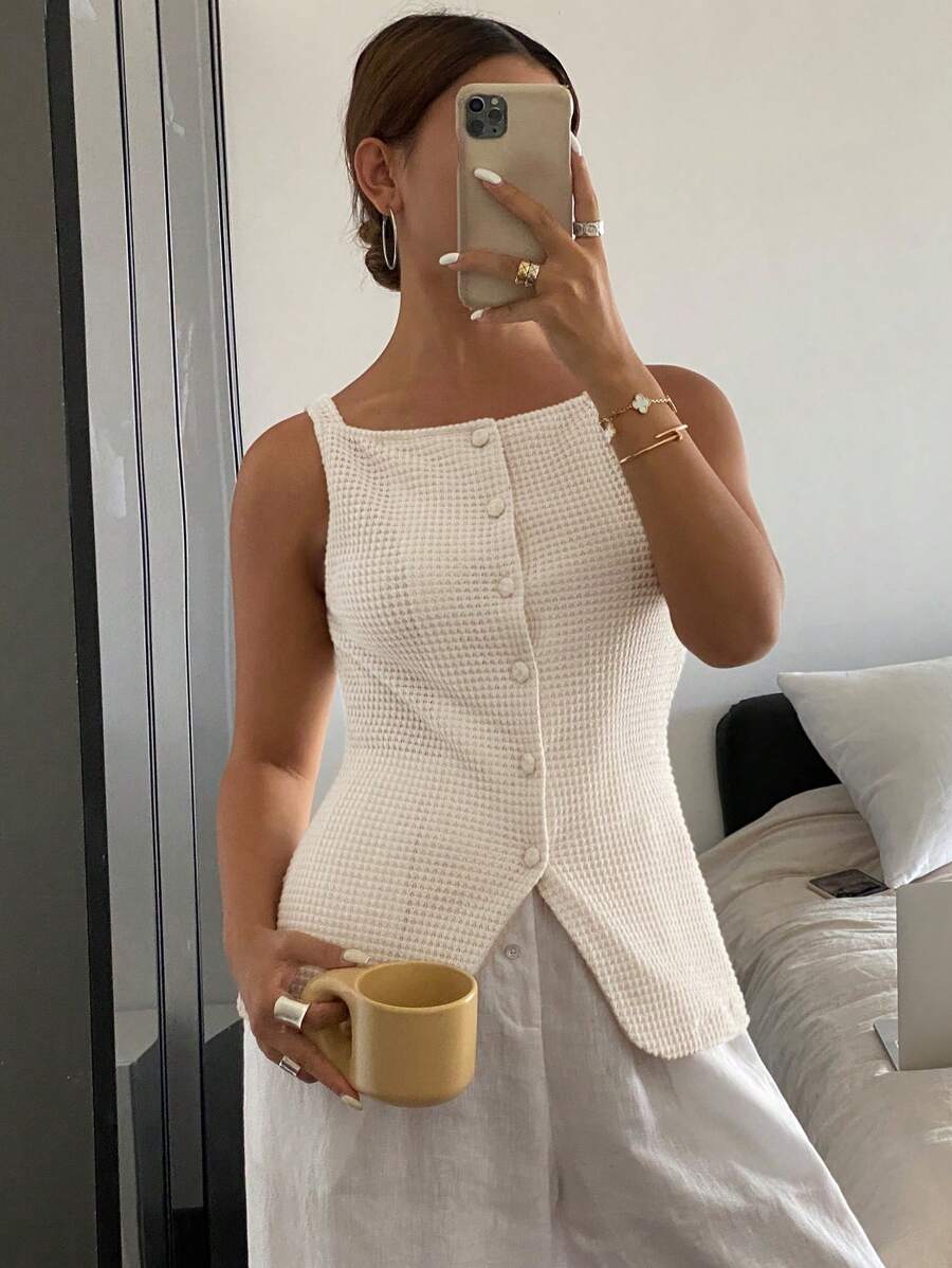 Casual Crew Neck Sleeveless  Front Button Tank Top