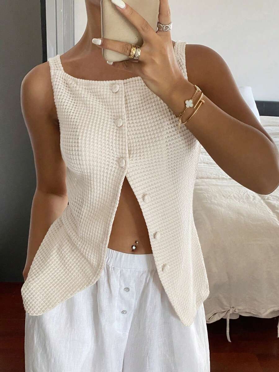 Casual Crew Neck Sleeveless  Front Button Tank Top