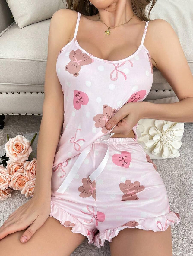 Bear & Heart Pattern Camisole And Shorts Pajama Set
