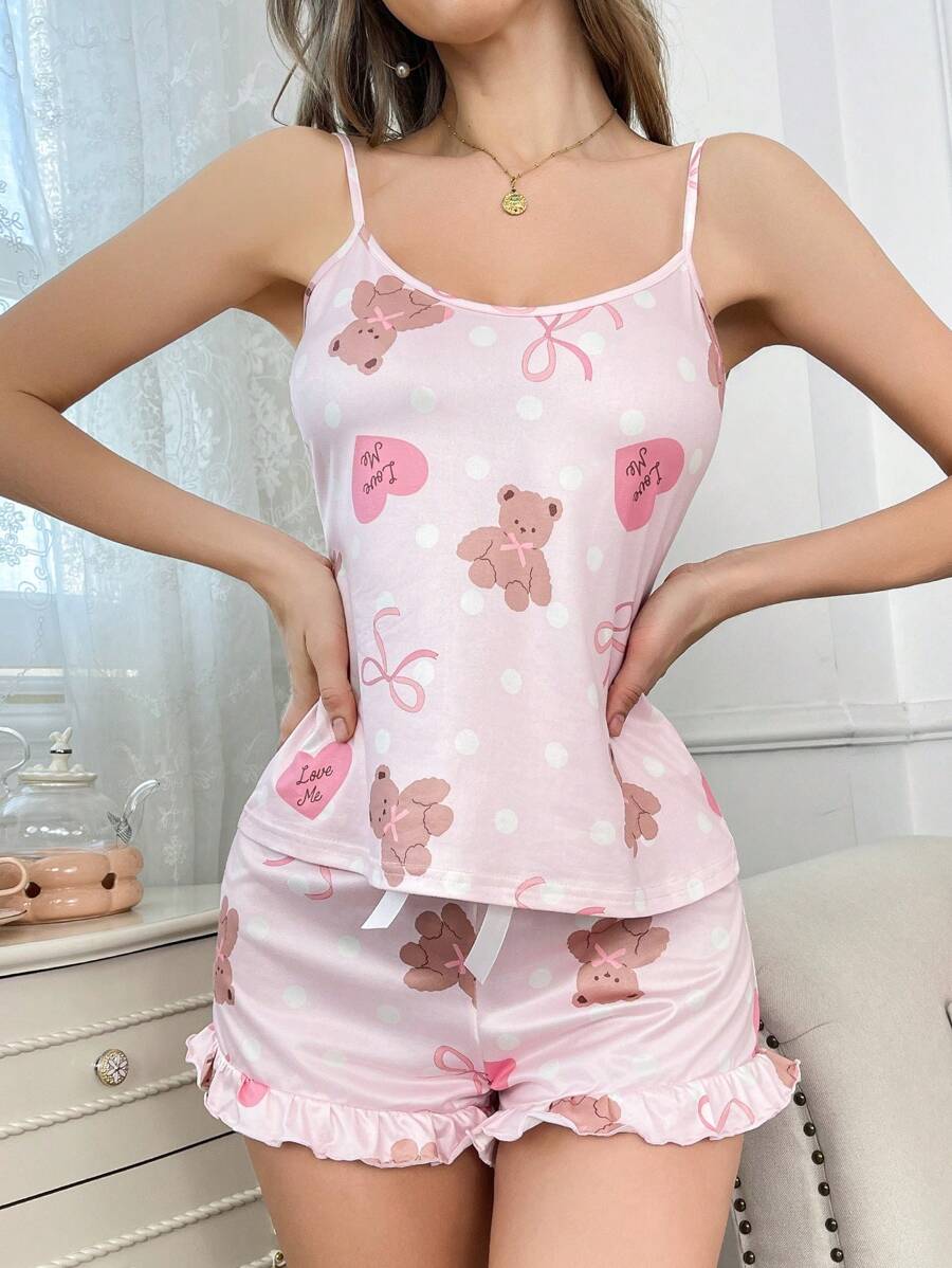 Bear & Heart Pattern Camisole And Shorts Pajama Set