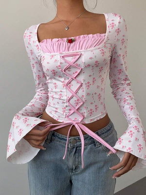 Women's Floral Flare Sleeve Criss-Cross Tie T-Shirt