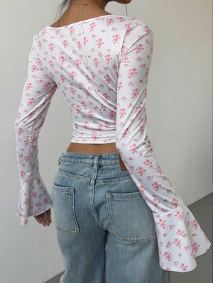 Women's Floral Flare Sleeve Criss-Cross Tie T-Shirt