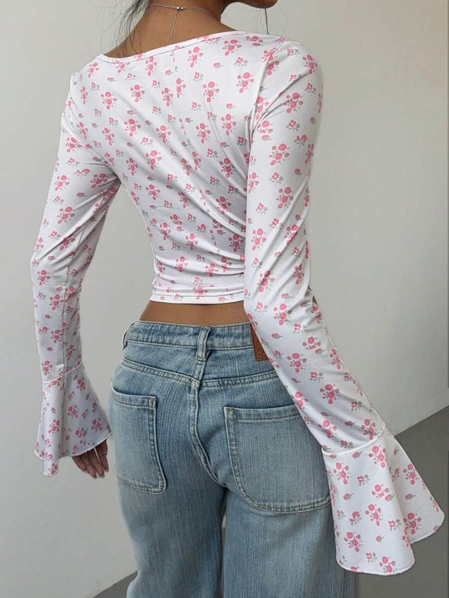 Women's Floral Flare Sleeve Criss-Cross Tie T-Shirt