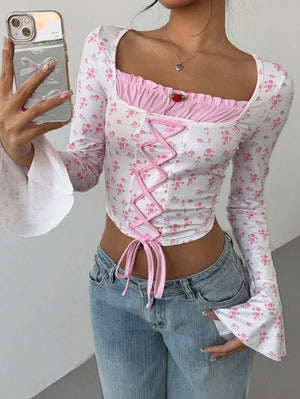 Women's Floral Flare Sleeve Criss-Cross Tie T-Shirt