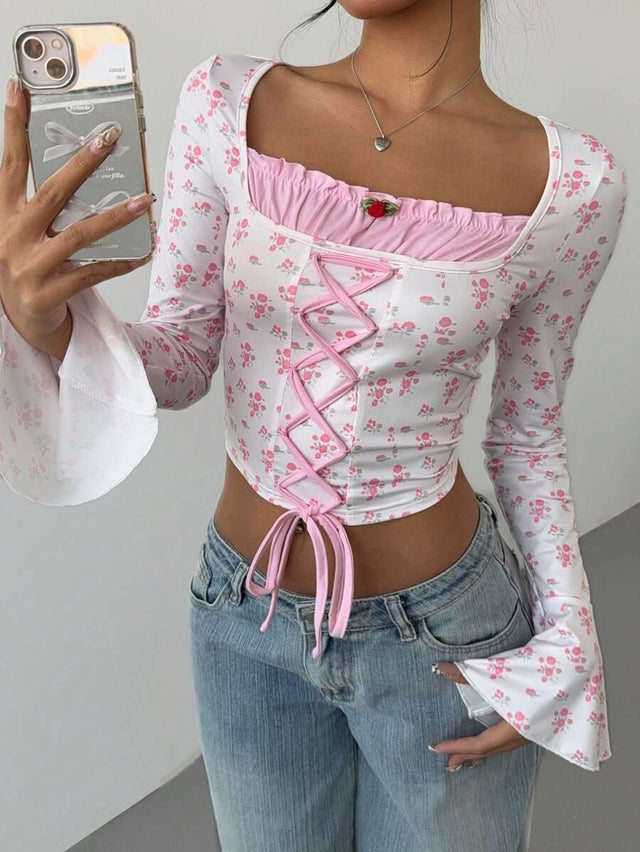 Women's Floral Flare Sleeve Criss-Cross Tie T-Shirt