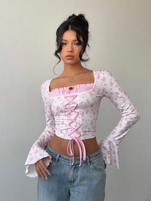 Women's Floral Flare Sleeve Criss-Cross Tie T-Shirt