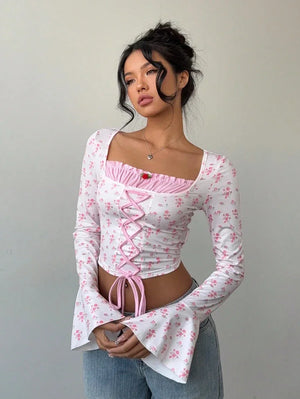 Women's Floral Flare Sleeve Criss-Cross Tie T-Shirt