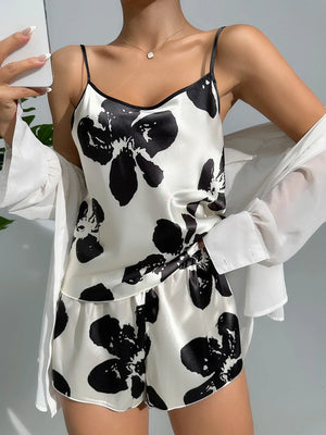 Floral Print Contrast Binding Satin PJ Set