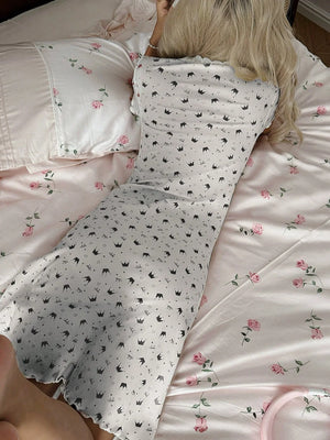 Heart Ditsy Floral Knitted Short Sleeve Nightgown