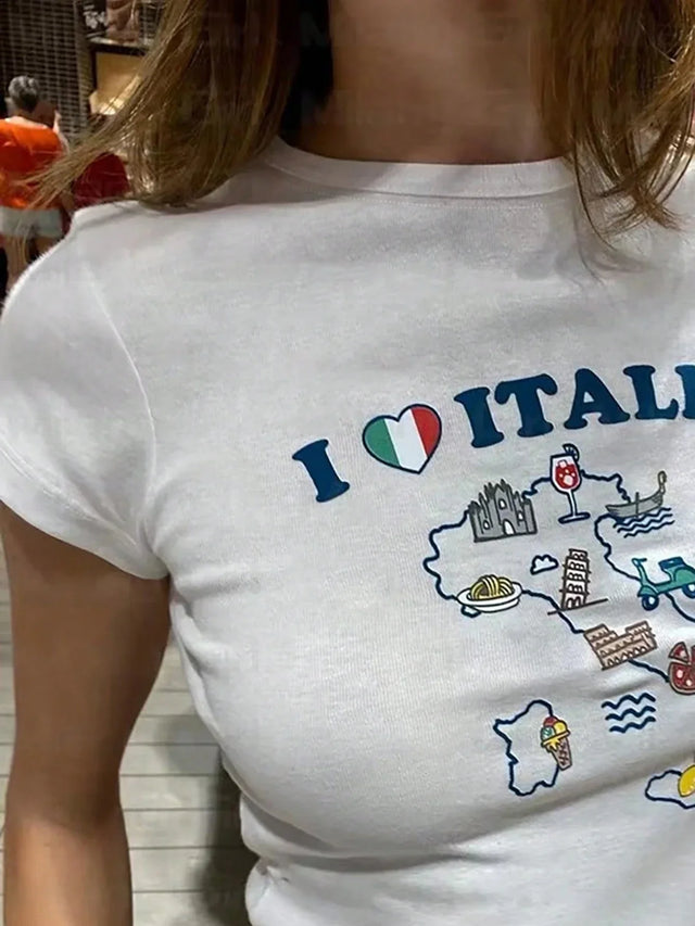 I Love Italy Letter Print Tight Crop T-Shirt - Aadima Nepal -online shopping Nepal - Fashion -Buy Clothing Online  in Nepal
