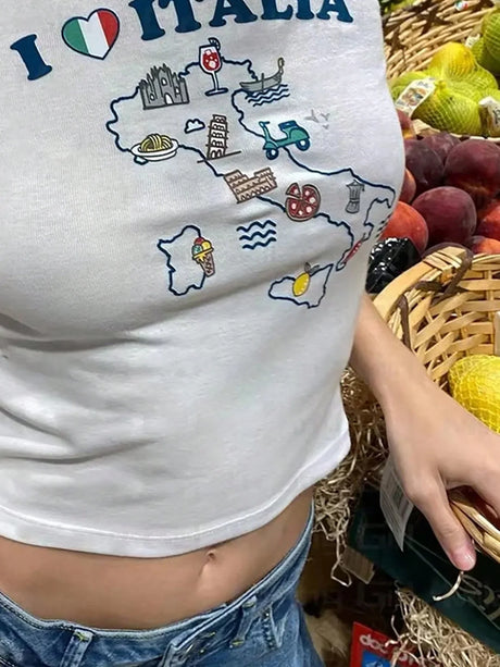 I Love Italy Letter Print Tight Crop T-Shirt